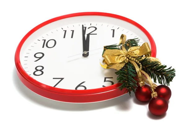 Christmas Tree Decoration Red Spheres Background Clock — Stock Photo, Image
