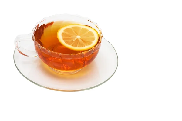 Скляна Чашка Чаєм Лимоном Білому Фоні — стокове фото