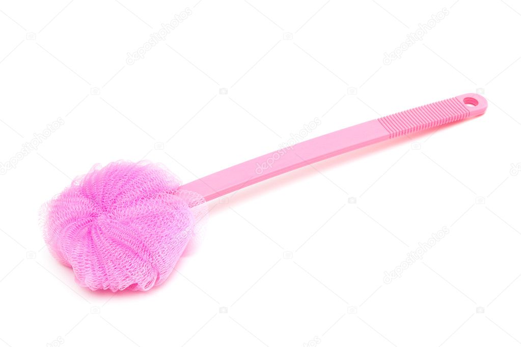 beautiful pink bath sponge on white background