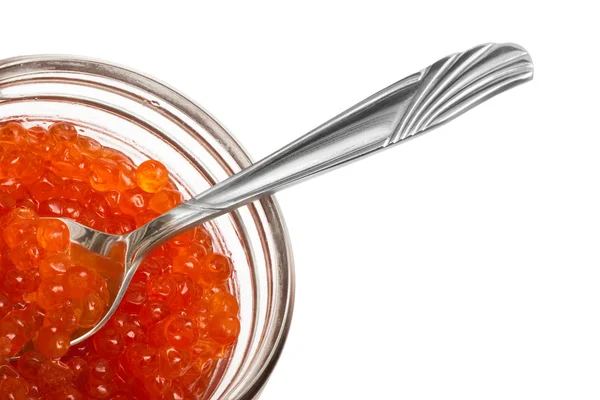 Red caviar in glass can — Stock Photo, Image
