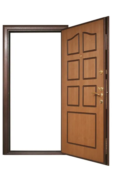 Открытая дверь с деревянной отделкой — стоковое фото