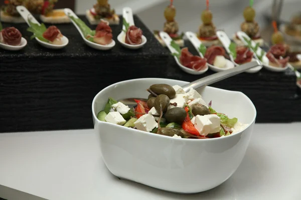 Cup Greek Salad Feta Cheese Fresh Herbs Olives Buffet — Stock Photo, Image