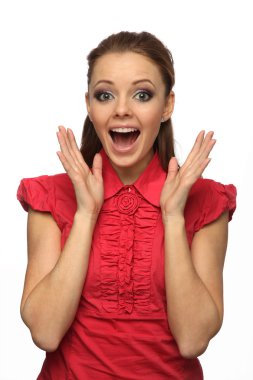 Girl in red blouse happily surprised (white background) clipart