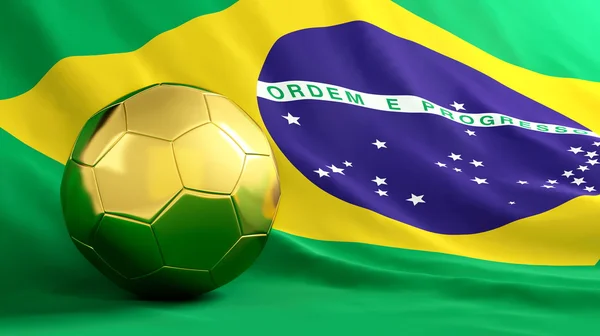 Zlatý míč na pozadí brazilská vlajka — Stock fotografie