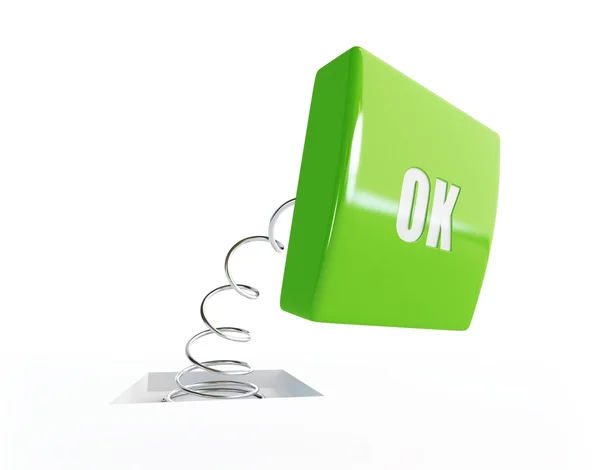 Green "OK" button on a steel spring — Stock Photo, Image