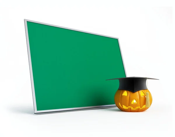 Halloween pumpkin graduation cap and blackboard — Stock Photo, Image