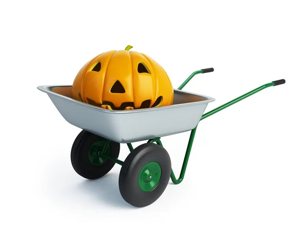 Wheelbarrow halloween pumpkins — Stock Photo, Image