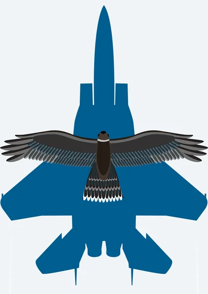 Den Flygande Fågeln Himlen Mot Bakgrund Militära Flygplan — Stock vektor
