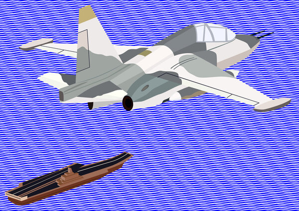 Airforce. Military aircraft against an abstract image of the sea and an aircraft carrier