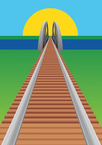 Järnvägsbro Järnvägsspår Som Sträcker Sig Fjärran Bortom Horisonten — Stock vektor