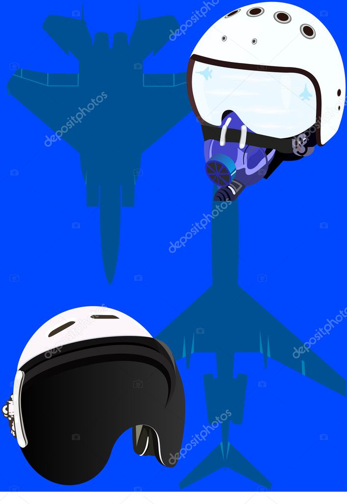 Two airplane pilots helmet against military aircraft and civil aviation