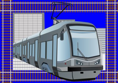 Environmentally friendly urban electrotransport against the city buildings and railway lines clipart