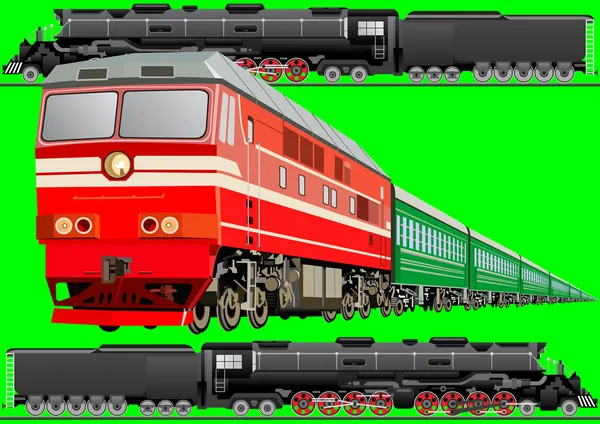 Transport Ferroviaire Train Voyageurs Moderne Sur Fond Vieilles Locomotives — Image vectorielle