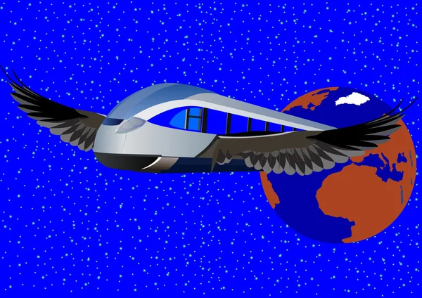 Abstraktní Obraz Moderní Vysokorychlostní Vlaky Létat Křídlech Proti Zemi — Stockový vektor