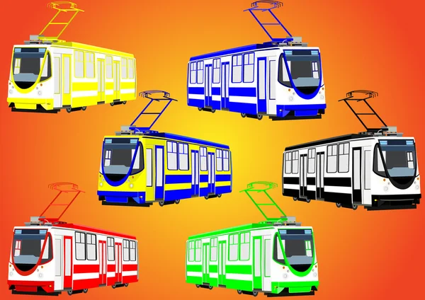 Milieuvriendelijk Stadsvervoer Modus Moderne Trams Van Verschillende Kleuren — Stockvector