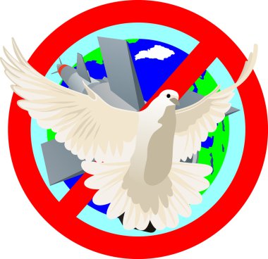 Flying white dove on a background of the prohibitory sign. Symbolizes peace on the planet. clipart