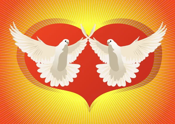 Dvě Bílé Holubice Létání Pozadí Abstraktní Obraz Srdce — Stockový vektor