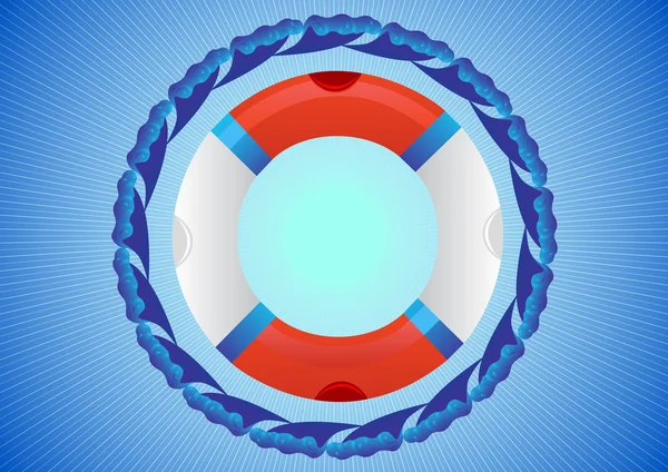 Abstraktní Modré Pozadí Záchranný Kruh Obklopeno Vlny Oceánu — Stockový vektor