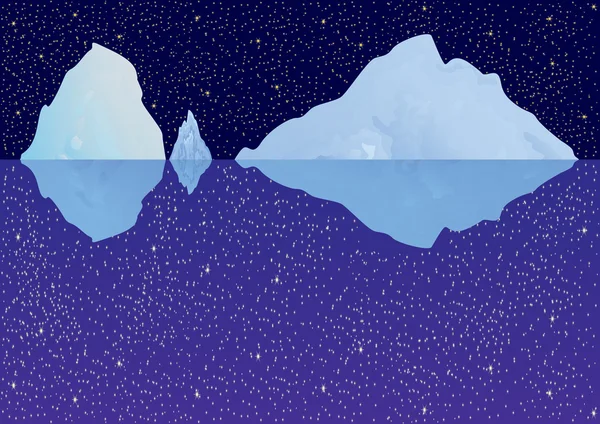 蓝色星空和冰山 反映在水表面 — 图库矢量图片