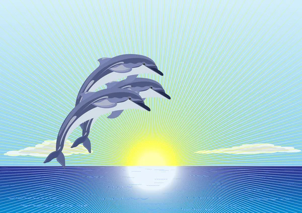 Горизонте Океана Светит Солнце Против Группы Дельфинов Голубом Небе — стоковый вектор