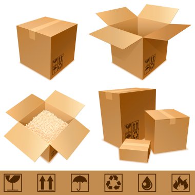 Set of cargo cardboard boxes and signs.