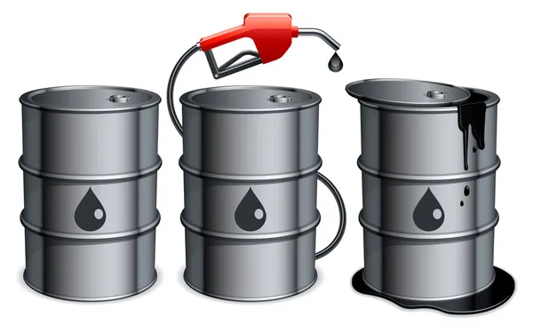 Three Metal Barrels Gas Pump Spilled Oil — Stock Vector