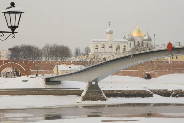 Зима Новгороді Великому Росії Фортеця Річку Міст Церкви — стокове фото