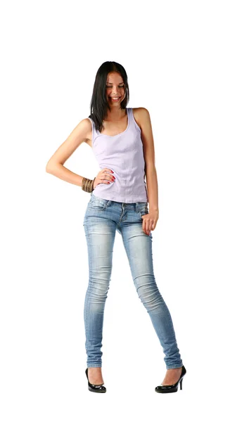 Bruna sexy in jeans — Foto Stock