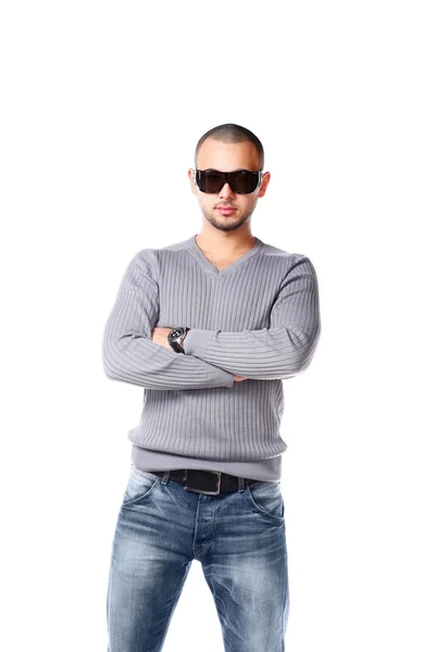 Casual Friendly Man Jeans Pullover Isolated White Background — Stock Photo, Image