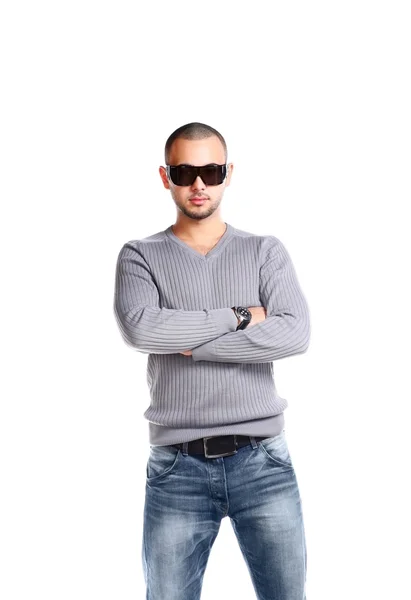 Casual Vriendelijke Man Jeans Trui Geïsoleerd Een Witte Achtergrond — Stockfoto