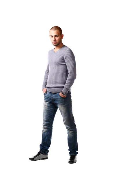 Casual Homem Amigável Jeans Pulôver Isolado Sobre Fundo Branco — Fotografia de Stock