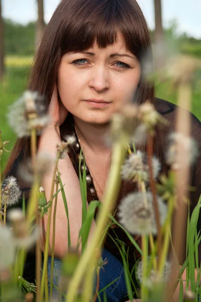 Portrait of beauty girl with dandelions. — Stock Photo, Image