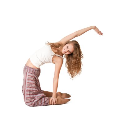 Young beautiful woman during fitness time on white background