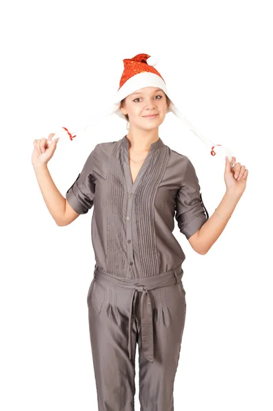 Young woman in a Santa Claus hat — Stock Photo, Image