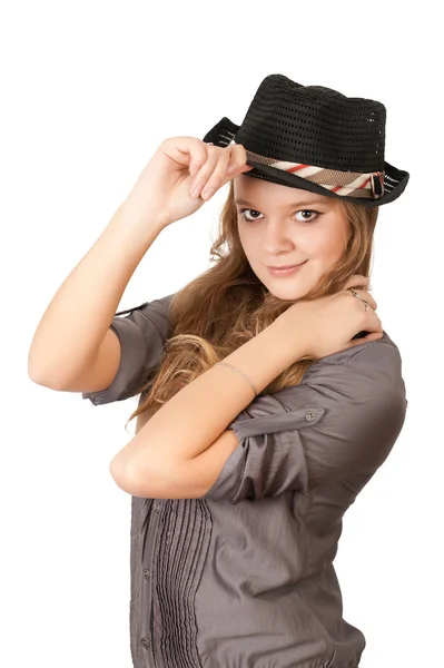 Çekici Genç Kadın Üzerinde Beyaz Izole Şapkalı — Stok fotoğraf