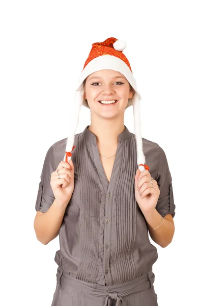 Young Woman Santa Claus Hat White Background — Stock Photo, Image