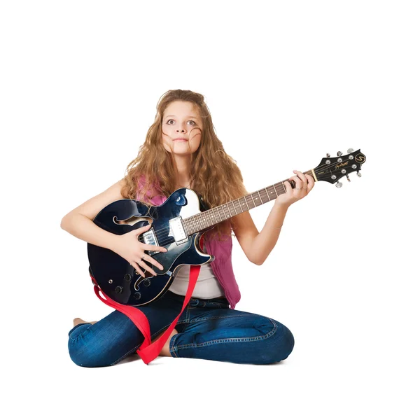 Молодая Девушка Гитарой Белом Фоне — стоковое фото