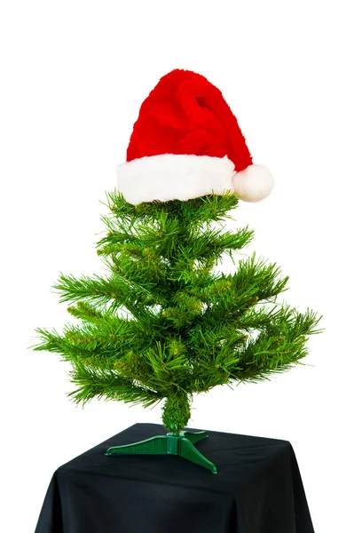 Albero Natale Con Cappello Rosso Sfondo Bianco — Foto Stock