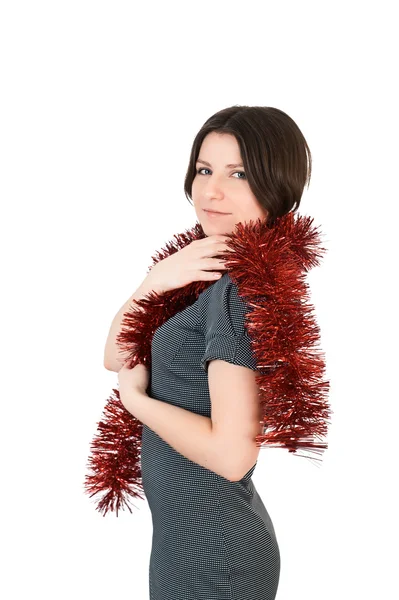 Young Woman Tinsel White Background — Stock Photo, Image