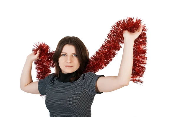 Jeune Femme Avec Tinsel Sur Fond Blanc — Photo