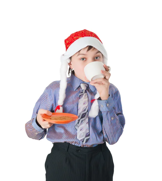 孤立在白色背景上的圣诞老人帽的可爱孩子 — 图库照片