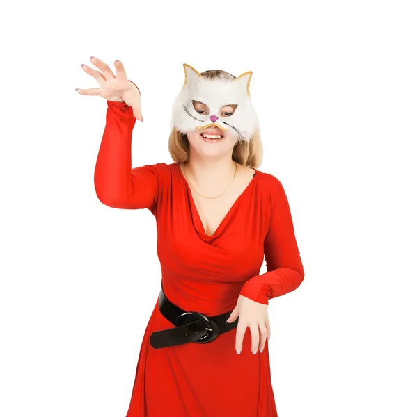 Mooi Meisje Een Rode Jurk Een Masker — Stockfoto