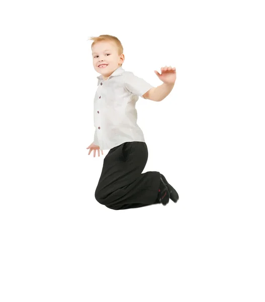 Adorable Niño Saltando Orgullosamente Fondo Blanco — Foto de Stock