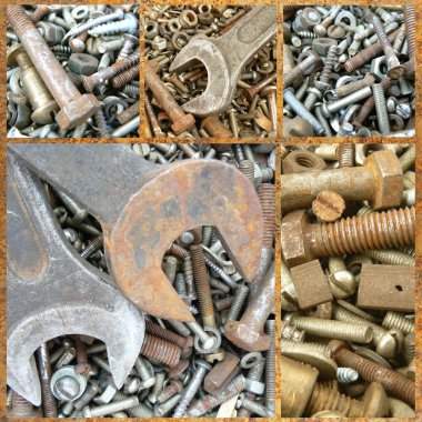 Assortment of rusty metal fasteners. Set clipart