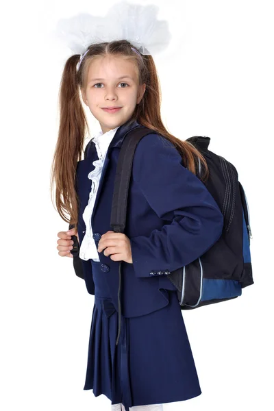 학교-책 가방을 가진 어린 소녀에 첫번째 날 — 스톡 사진