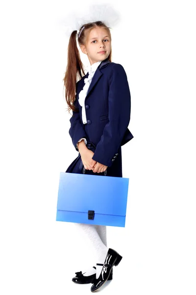 First day at school - little girl with briefcase — Stock Photo, Image