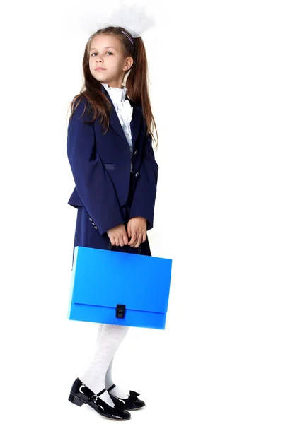 Studentessa con valigetta isolata su bianco — Foto Stock