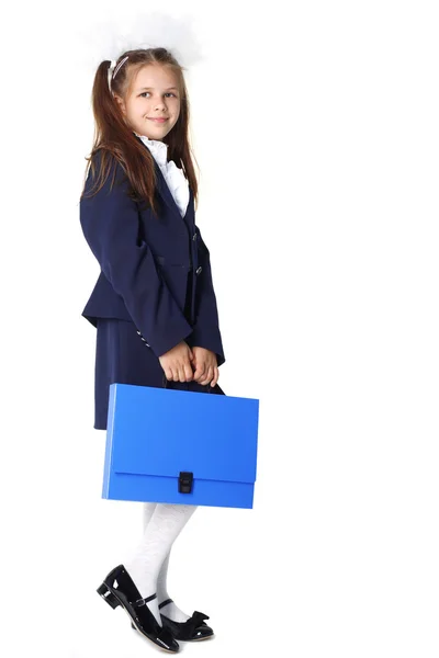 Schoolgirl with briefcase isolated on white — Stock Photo, Image