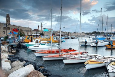Classic Israel - old town and port in Acre also Akko in Western clipart