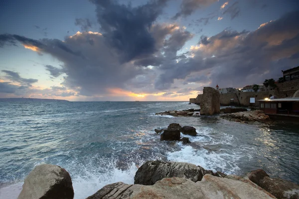 Classic Israel - Sundown in the mediterranean at city of Acre in — Stock Photo, Image